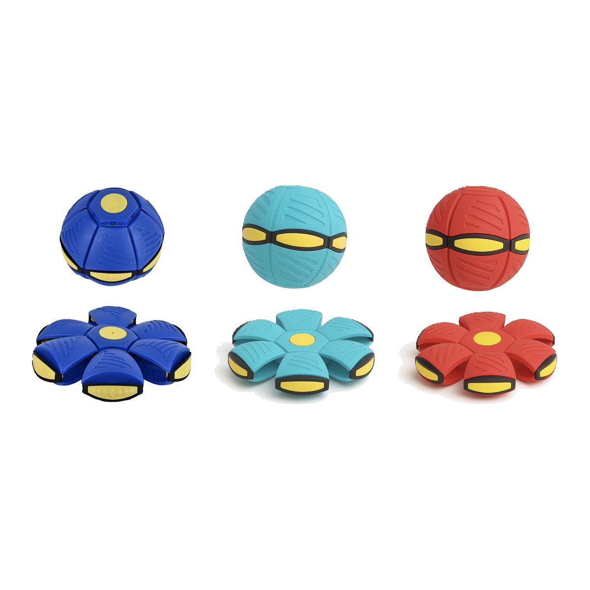 The Zippaws flying saucer in all three colours: blue, teal and red