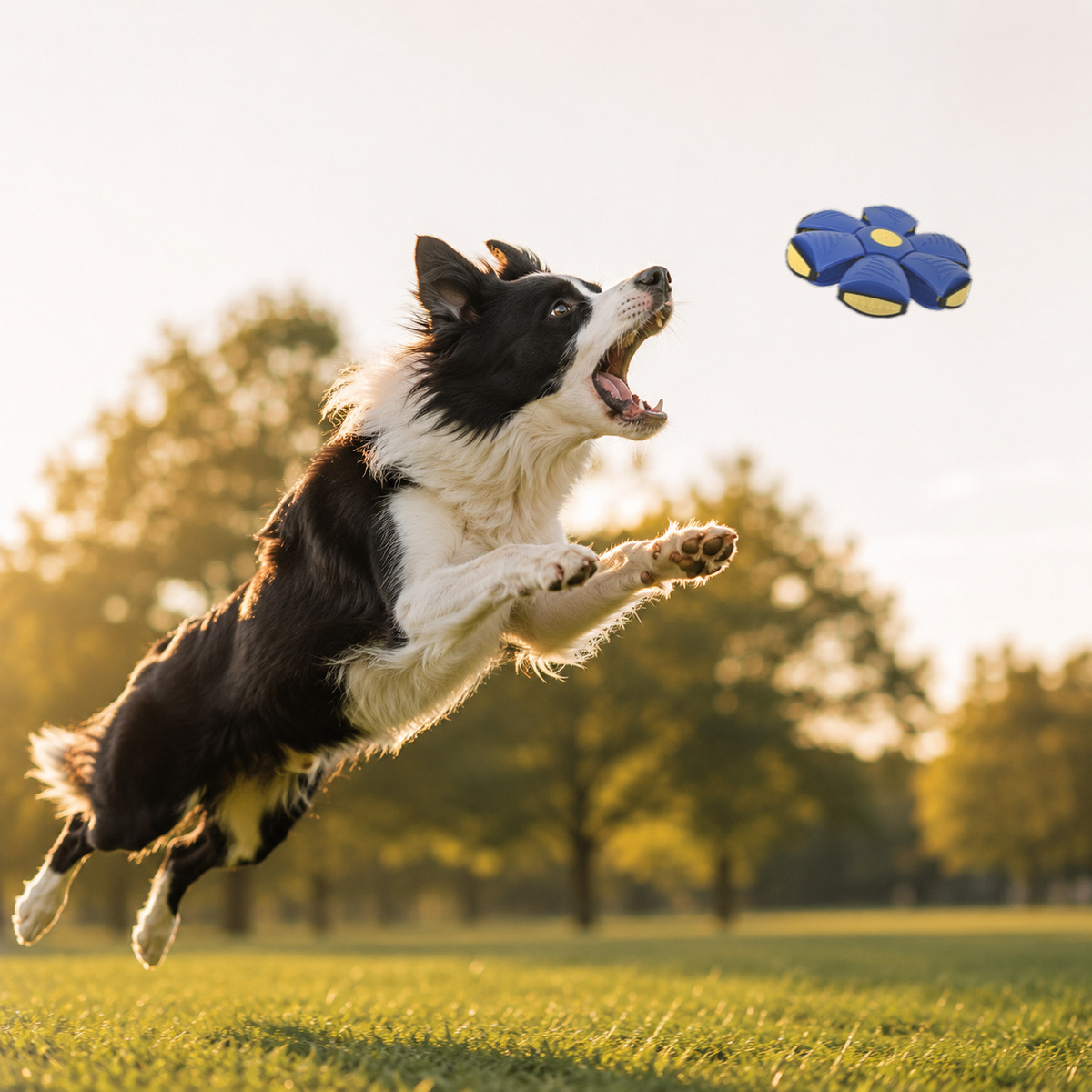 Golden retriever playing with the blue Zippaws flying saucer disc